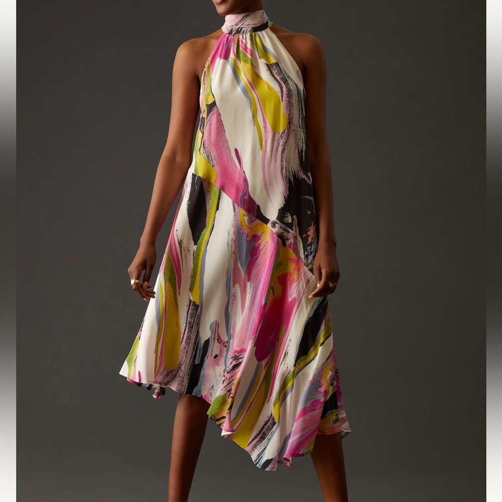 Sleeveless Halter Marble-Print Midi Dress in Pink & Yellow